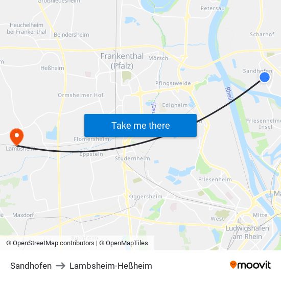 Sandhofen to Lambsheim-Heßheim map