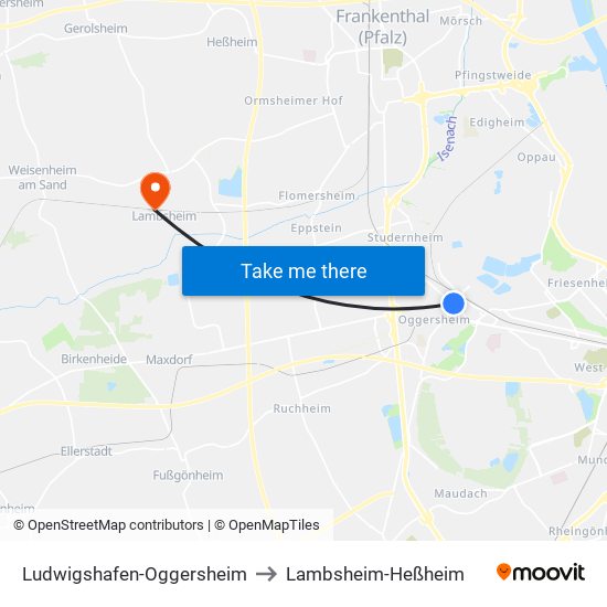 Ludwigshafen-Oggersheim to Lambsheim-Heßheim map