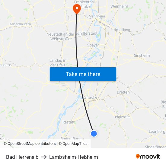 Bad Herrenalb to Lambsheim-Heßheim map