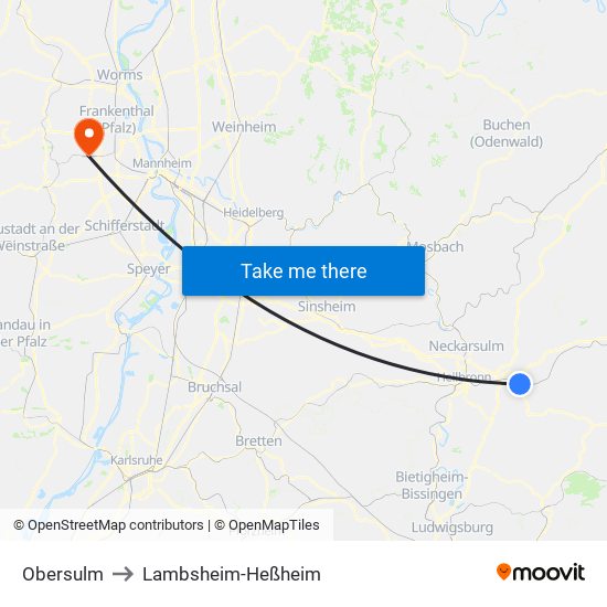 Obersulm to Lambsheim-Heßheim map