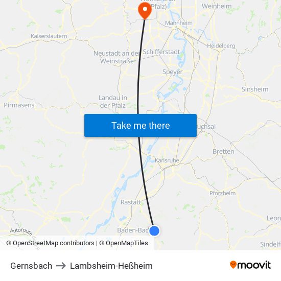 Gernsbach to Lambsheim-Heßheim map