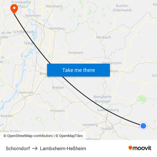 Schorndorf to Lambsheim-Heßheim map