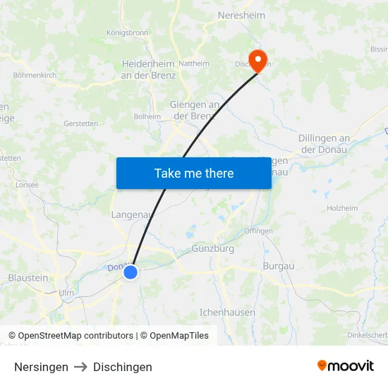 Nersingen to Dischingen map