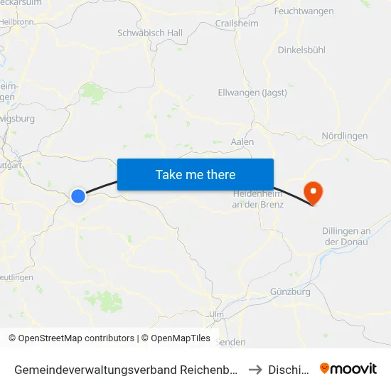 Gemeindeverwaltungsverband Reichenbach An Der Fils to Dischingen map