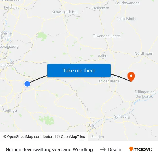 Gemeindeverwaltungsverband Wendlingen am Neckar to Dischingen map
