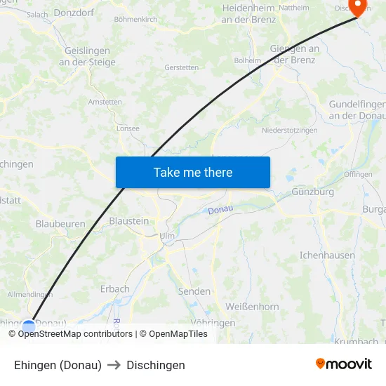 Ehingen (Donau) to Dischingen map