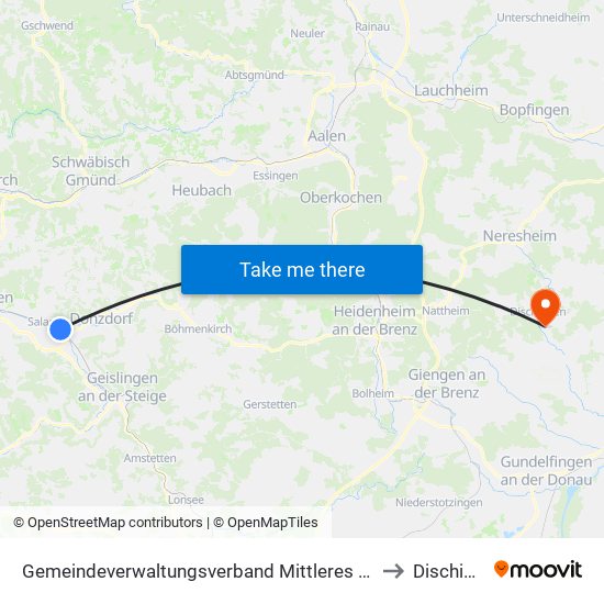 Gemeindeverwaltungsverband Mittleres Fils-Lautertal to Dischingen map
