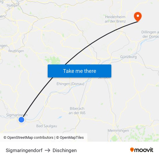 Sigmaringendorf to Dischingen map