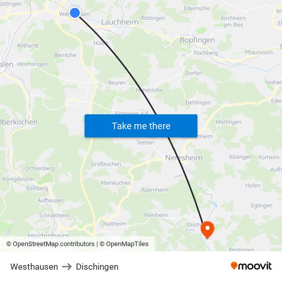 Westhausen to Dischingen map