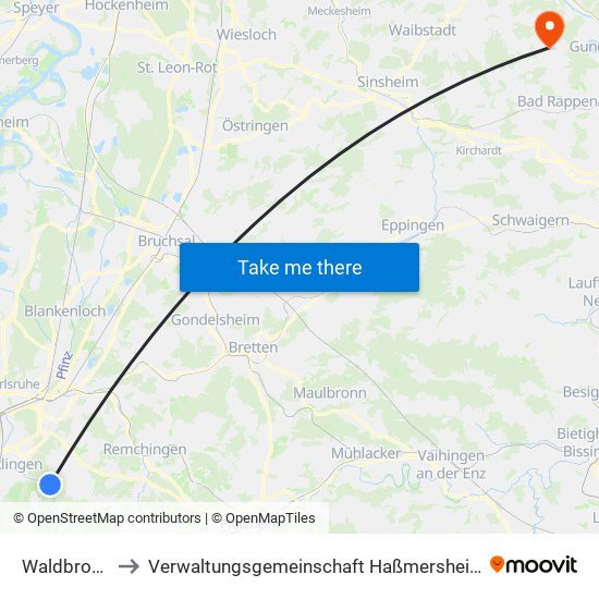 Waldbronn to Verwaltungsgemeinschaft Haßmersheim map