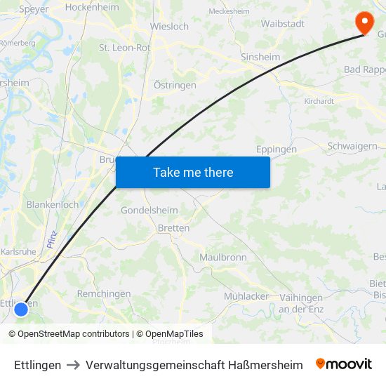 Ettlingen to Verwaltungsgemeinschaft Haßmersheim map