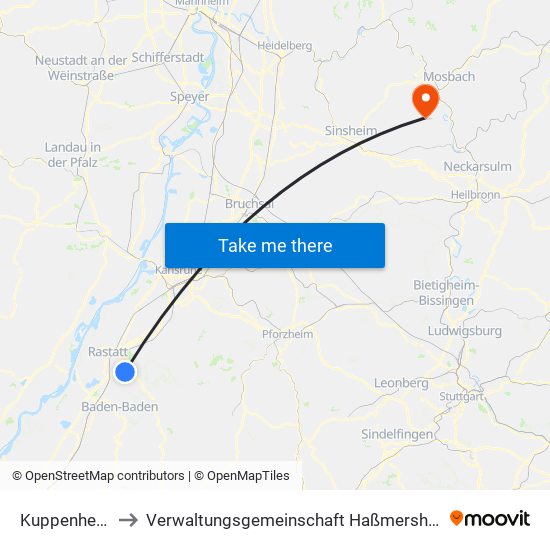 Kuppenheim to Verwaltungsgemeinschaft Haßmersheim map