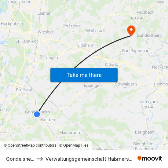 Gondelsheim to Verwaltungsgemeinschaft Haßmersheim map