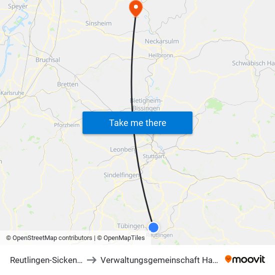 Reutlingen-Sickenhausen to Verwaltungsgemeinschaft Haßmersheim map