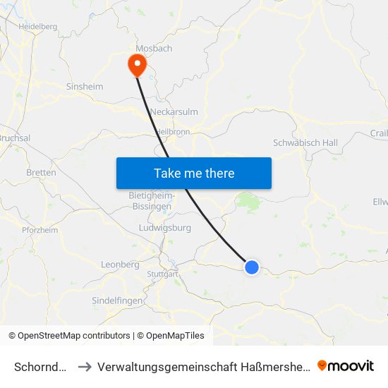 Schorndorf to Verwaltungsgemeinschaft Haßmersheim map