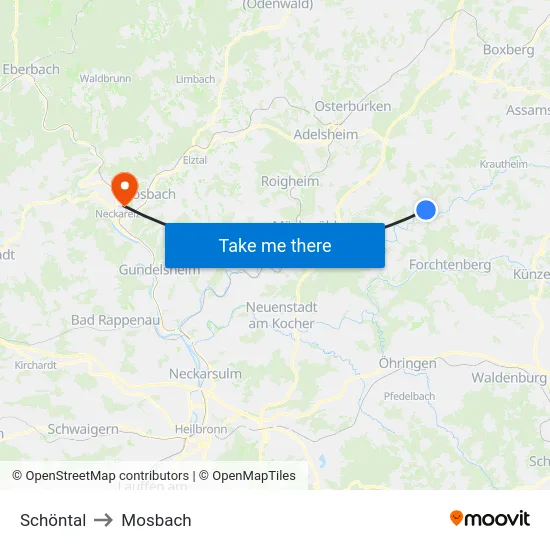 Schöntal to Mosbach map