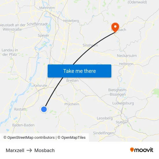 Marxzell to Mosbach map
