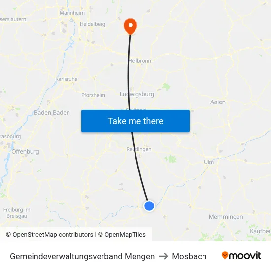 Gemeindeverwaltungsverband Mengen to Mosbach map