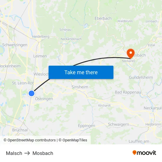 Malsch to Mosbach map