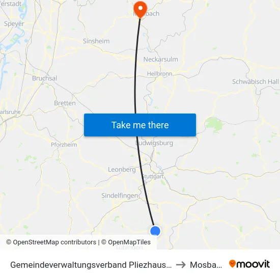 Gemeindeverwaltungsverband Pliezhausen to Mosbach map
