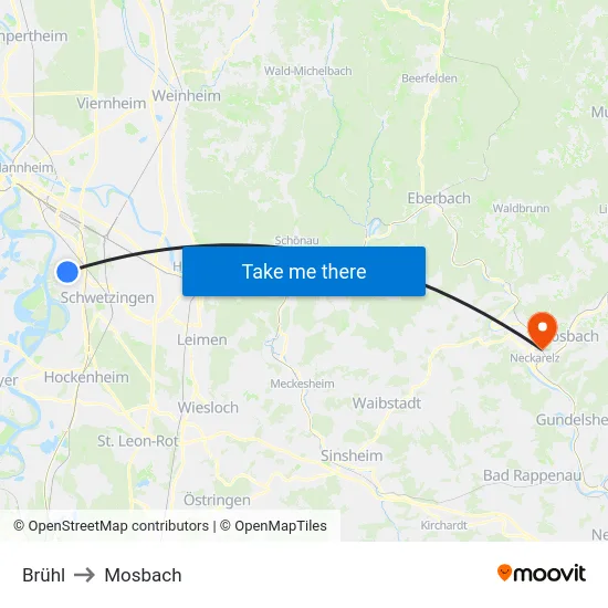 Brühl to Mosbach map