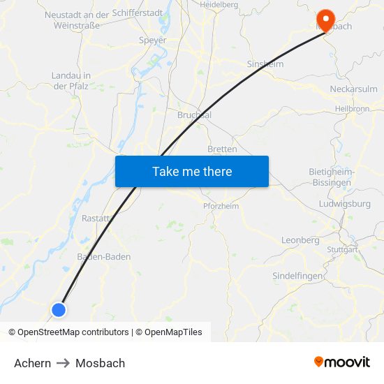 Achern to Mosbach map