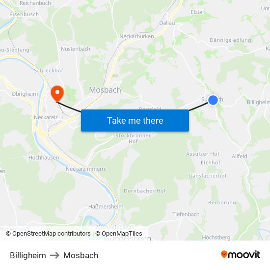 Billigheim to Mosbach map