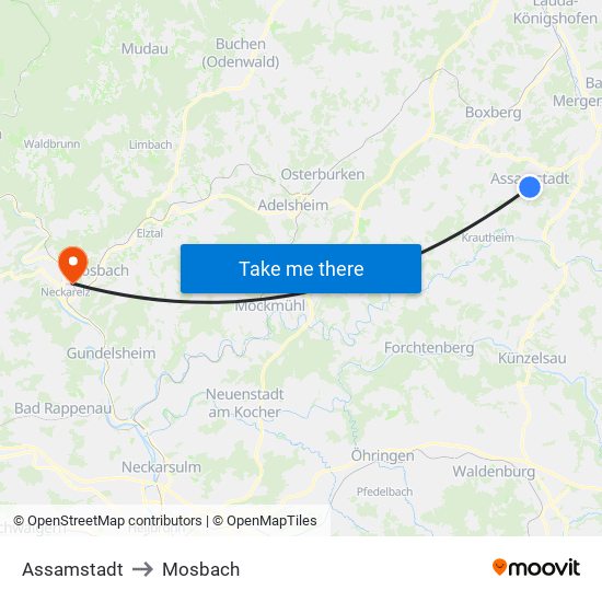 Assamstadt to Mosbach map