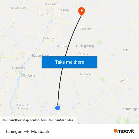 Tuningen to Mosbach map
