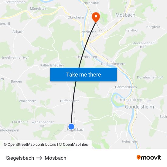 Siegelsbach to Mosbach map