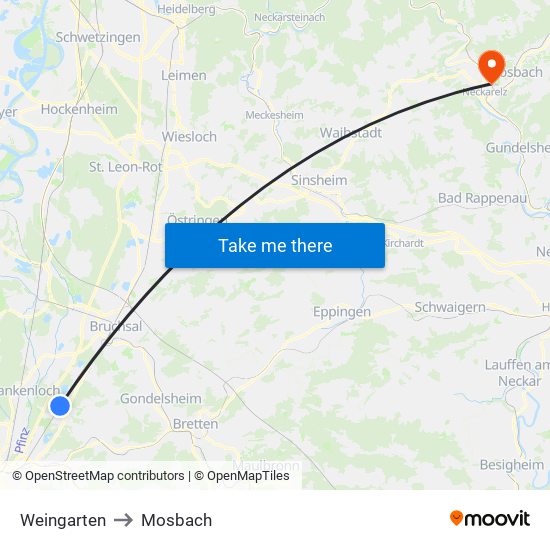 Weingarten to Mosbach map