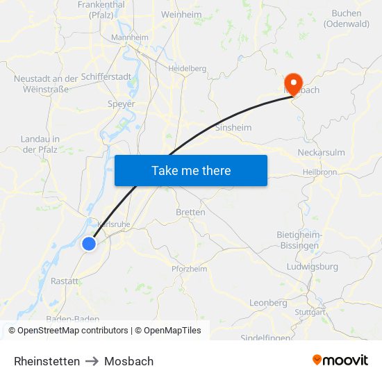 Rheinstetten to Mosbach map