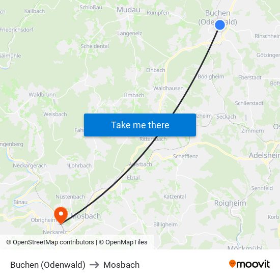 Buchen (Odenwald) to Mosbach map