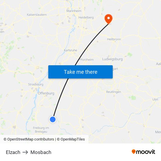 Elzach to Mosbach map