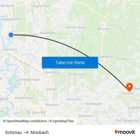 Schönau to Mosbach map