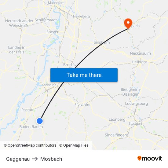 Gaggenau to Mosbach map
