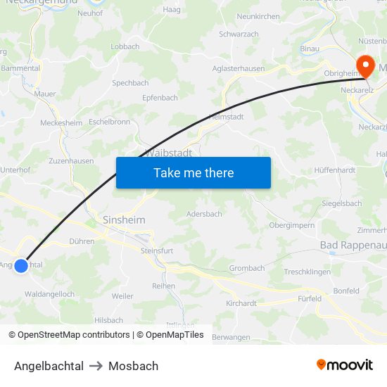 Angelbachtal to Mosbach map