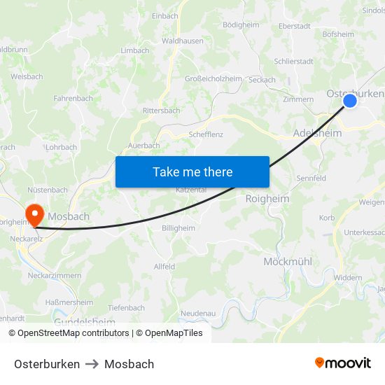 Osterburken to Mosbach map