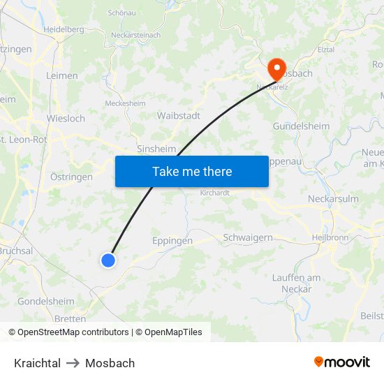 Kraichtal to Mosbach map