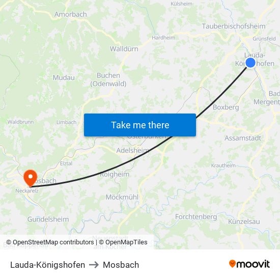 Lauda-Königshofen to Mosbach map