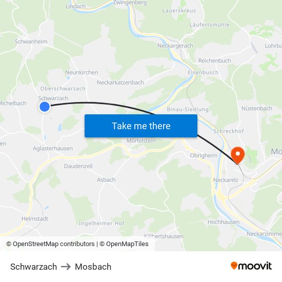 Schwarzach to Mosbach map