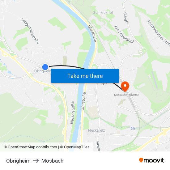 Obrigheim to Mosbach map