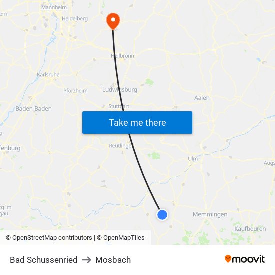 Bad Schussenried to Mosbach map