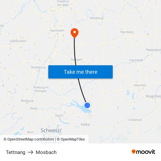 Tettnang to Mosbach map