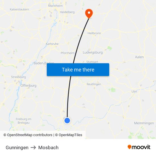 Gunningen to Mosbach map