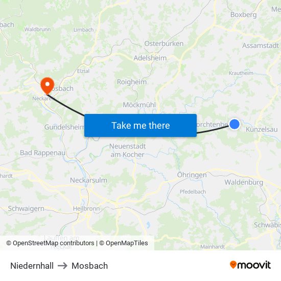 Niedernhall to Mosbach map
