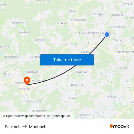 Seckach to Mosbach map