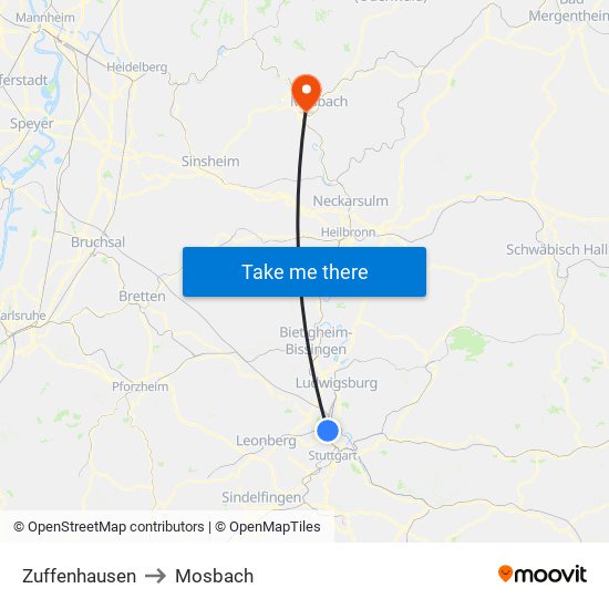 Zuffenhausen to Mosbach map