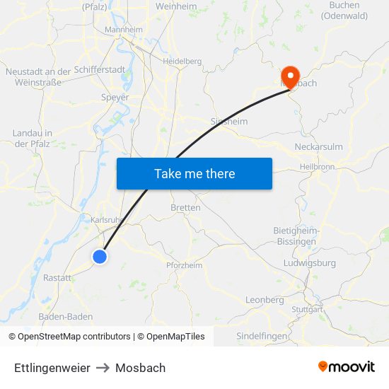 Ettlingenweier to Mosbach map