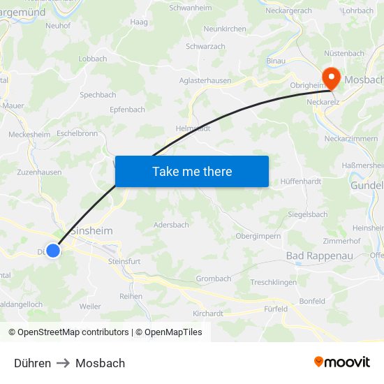 Dühren to Mosbach map
